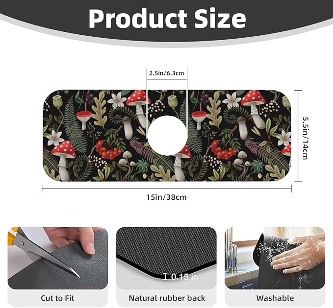 Forest Mushroom Mushrooms Leaves Flowers Kitchen Sink Splash Guard Faucet Mat
