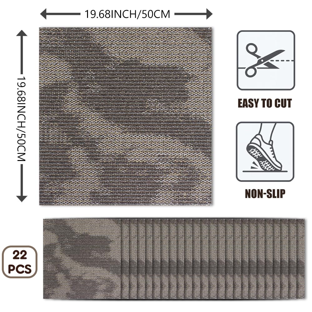 Boshuele Carpet Tiles 20 inch x 20 inch upholstered Non-Slip Carpet Squares Reusable Easy to Install Indoor and Outdoor Office Home Decor Flooring (Khaki, 22 PCS)