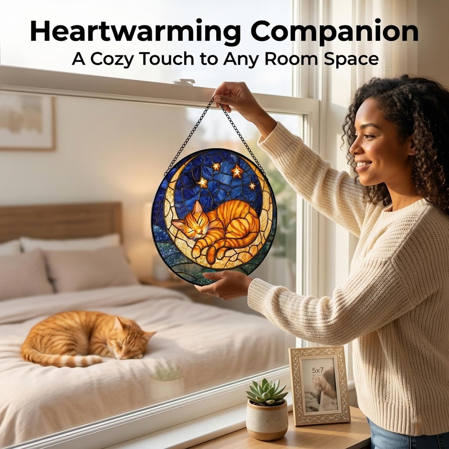 Birthday Gifts for Women - Blue Starry Sky Moon Cat Faux Stained Glass Window Hanging Sun Catcher Mother's Day for Mom Nana Friend Grandma Wife and Door Garden Acrylic Decor 7.8"