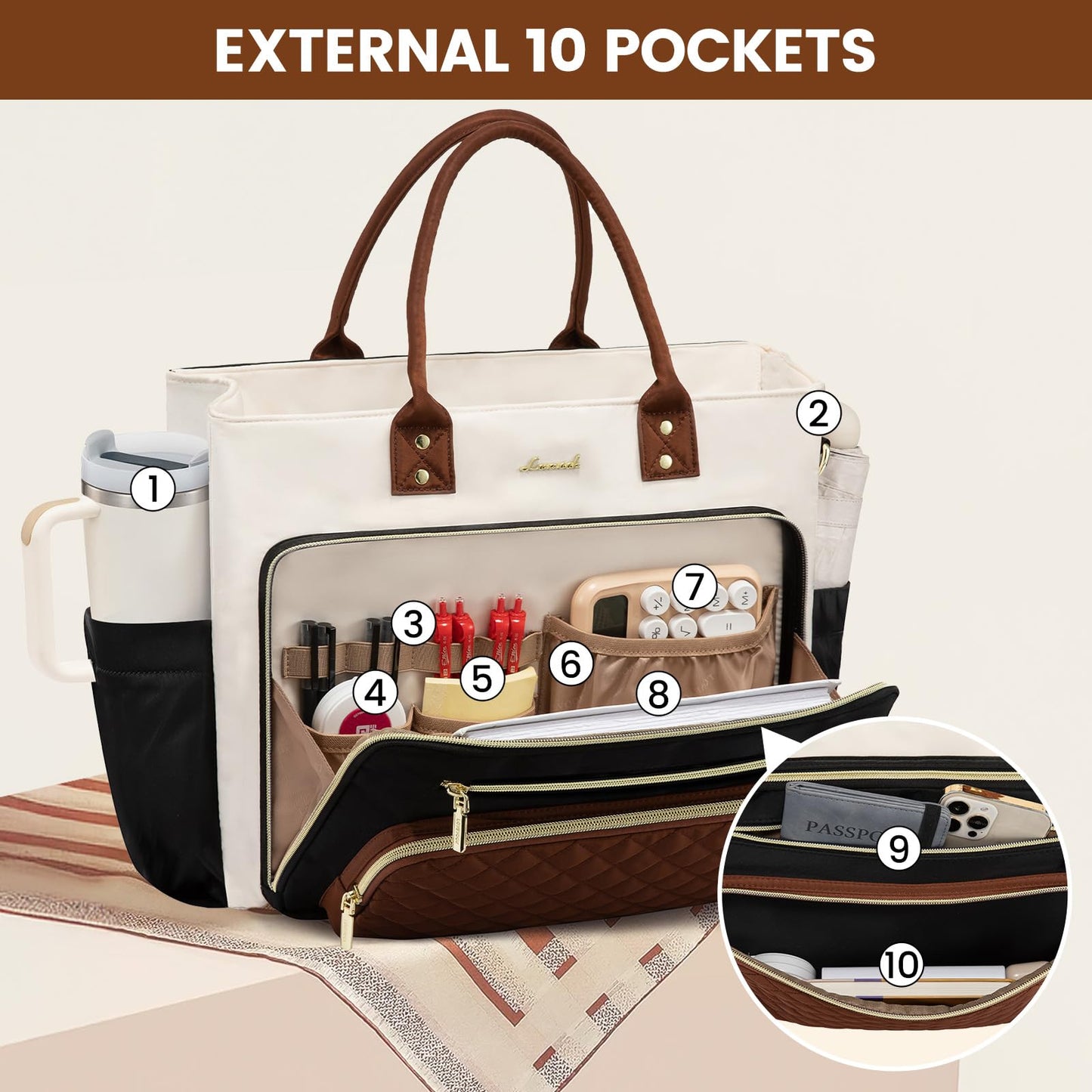 LOVEVOOK Teacher Tote Bag for Women Work, Laptop Bag With Large Cup Holder, Nurse Bags Professional Briefcase Business Computer Purses Bible Handbag Gifts, Black-Beige-Brown, 15.6 Inch