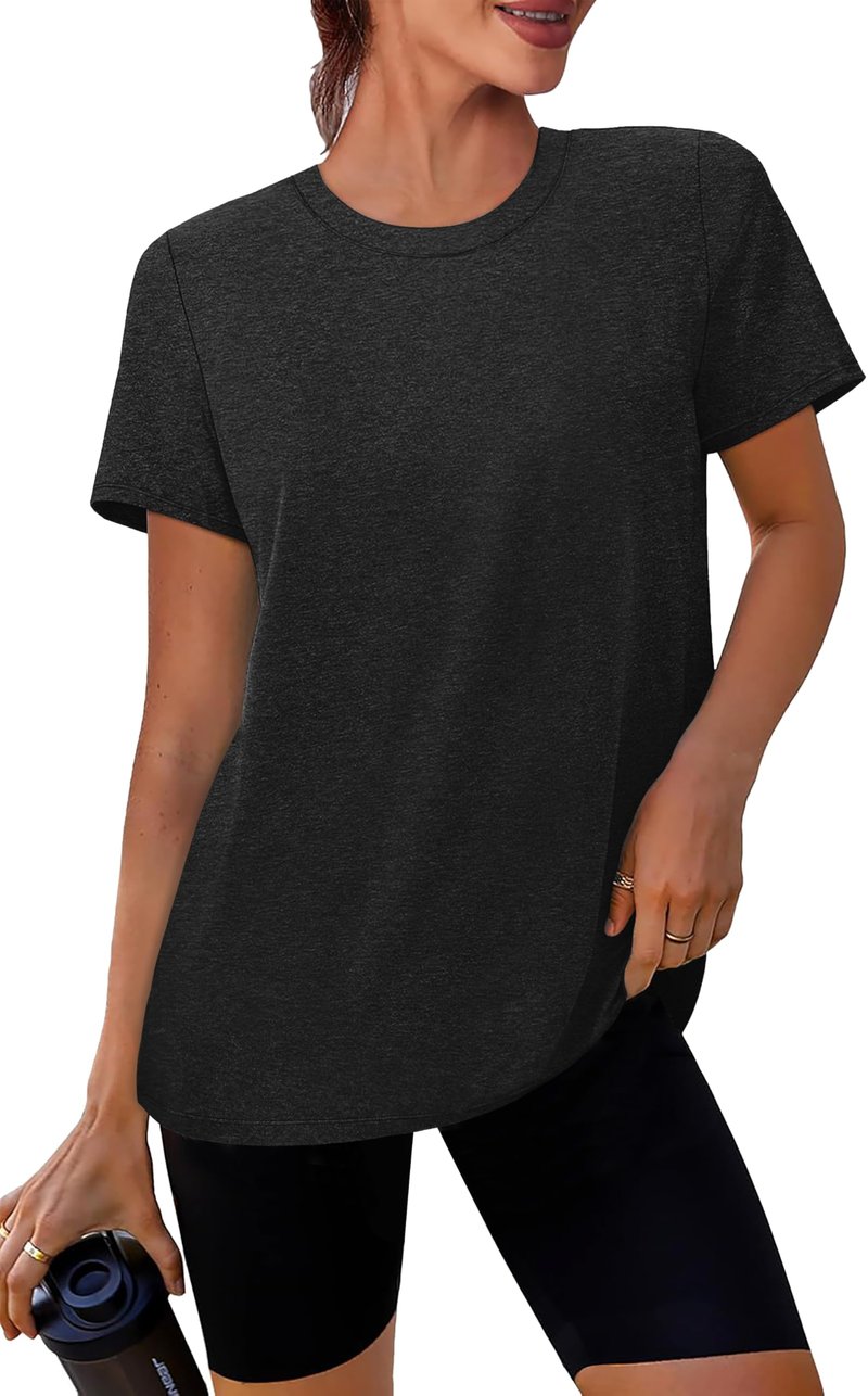 NIASHOT Womens T Shirts Pilates Outfits for Women Summer Women's Clothing Athletic Tops Athletic Gym Loose Fit Breathable Activewear Moisture Wicking Tshirts Black M