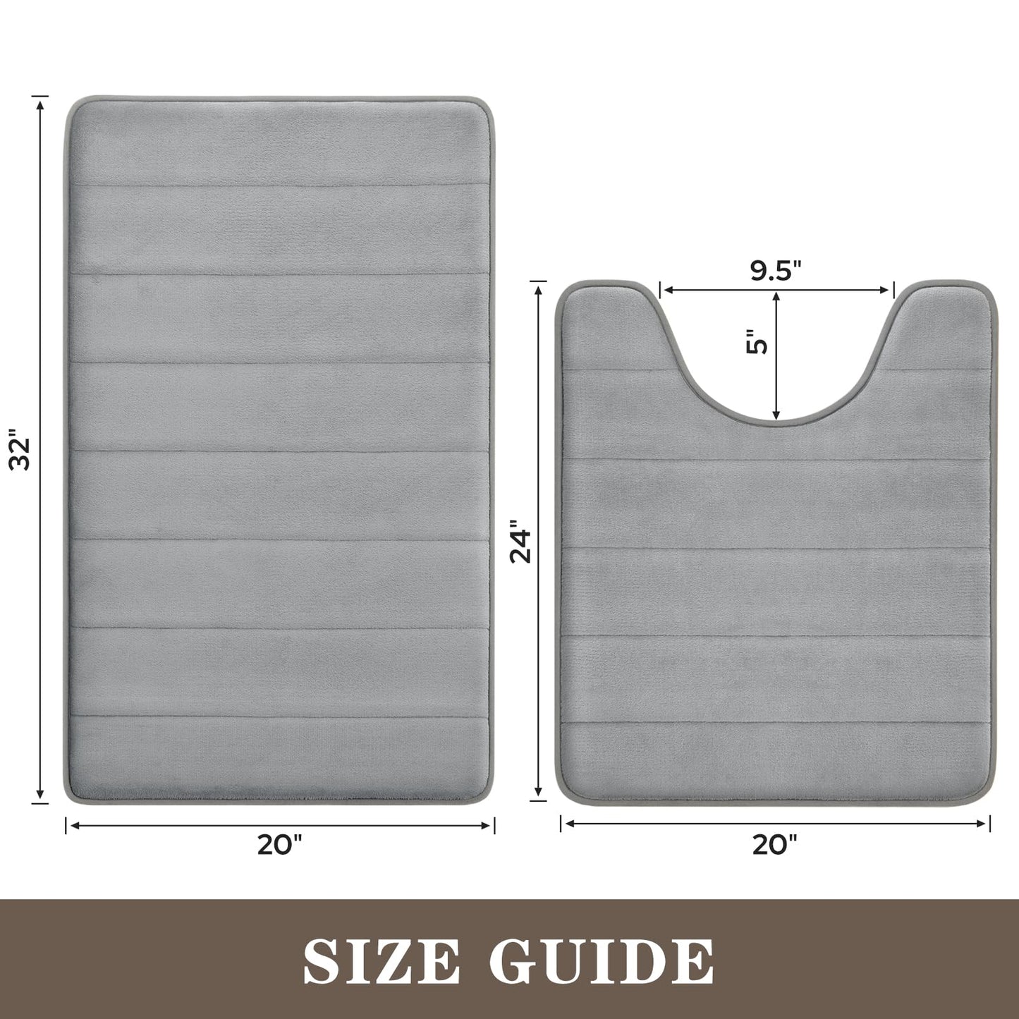 BYSURE Bathroom Rugs Sets 2 Piece, Memory Foam Non Slip Extra Soft Absorbent Machine Washable Toilet Bath Mats (Grey, 20x32+U-Shaped 20x24)