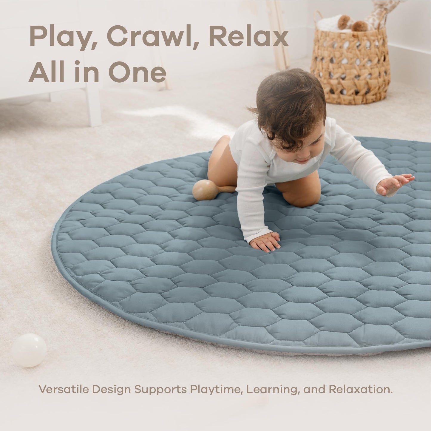 Comfy Cubs Round Kids Play Mat - Medium 48 inches Soft Quilted Baby Floor Mat with Non-Slip Bottom - Plush Design for Toddlers' Playtime - Comfortable and Durable - Pacific Blue