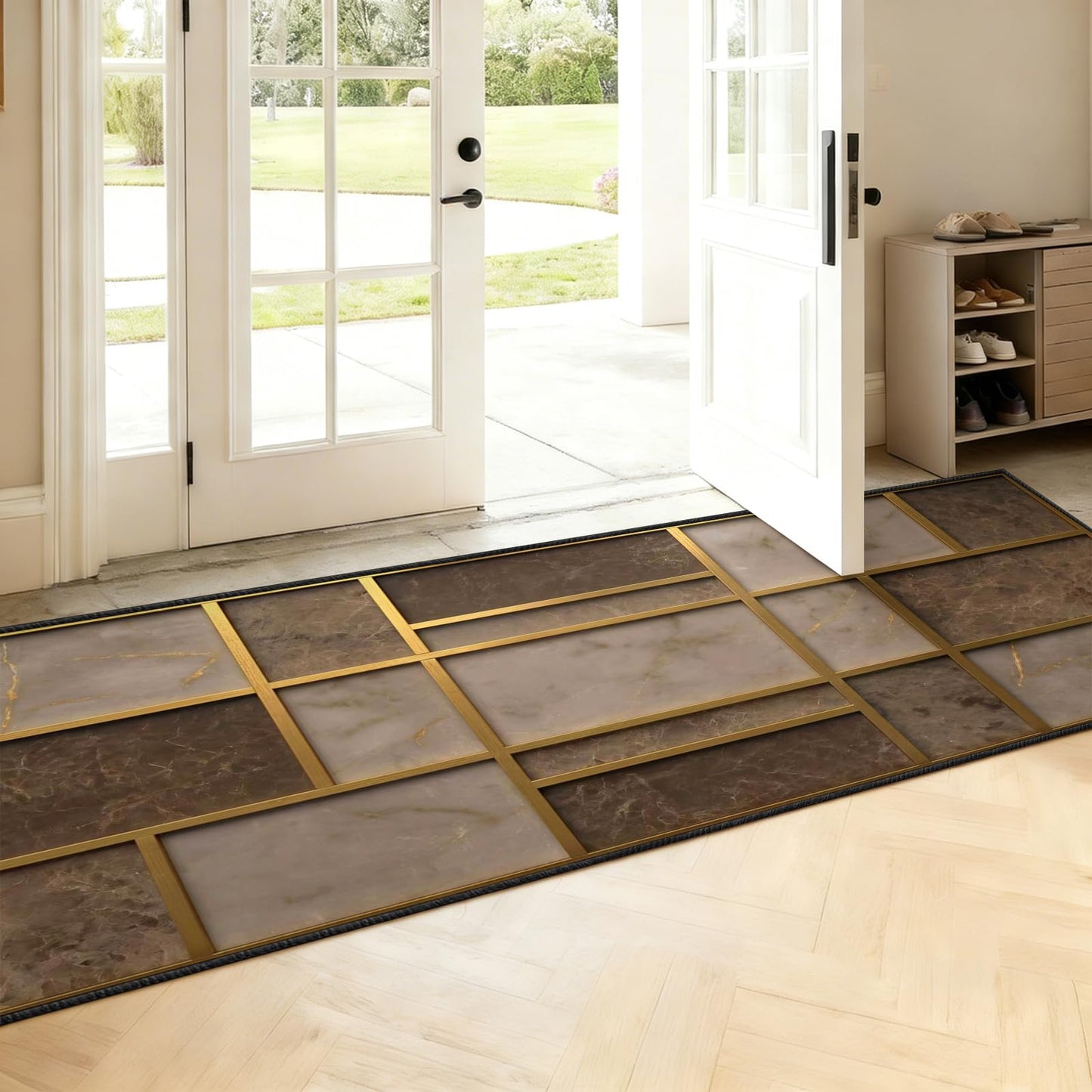 Abstract Brown Runner Rugs 2x10ft, Mid Century Rug for Hallways Gold Brown Geometry Runner Rugs Non Slip Kitchen Mats - Exciting Abstract Decorative Carpet