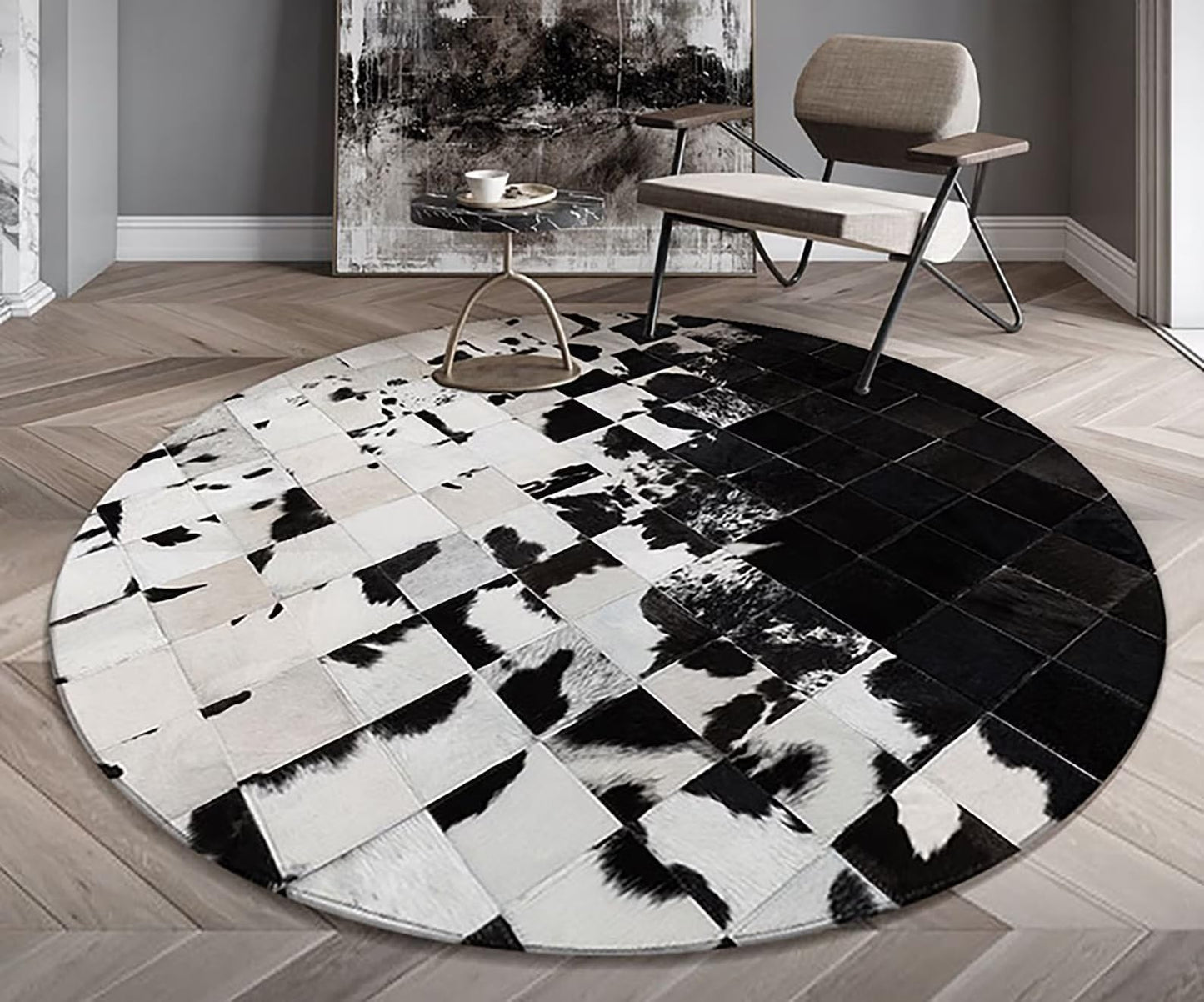 SN ALEFHOME Cowhide Round Leather Rug 4x4 ft – Genuine Hair-On Hide Patchwork Area Rug for Living Room, Bedroom, Kids Playroom, Lounge & Western Home Decor