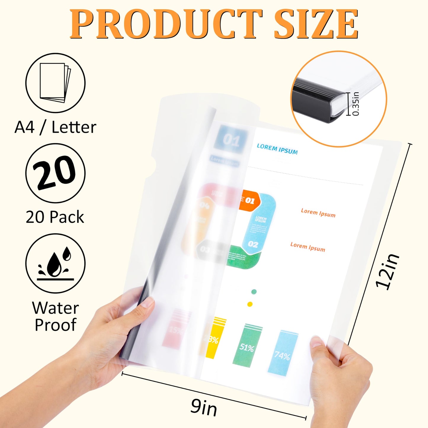 20 Pack Report Covers with Sliding Bar - Clear Plastic Presentation Folders for A4 & Letter Size Paper, 70 Sheet Capacity File Document Binder for School, Office, Resume & Business Use