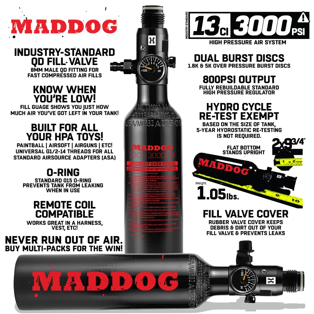 Maddog 13ci/3000psi Aluminum Compressed Air HPA Paintball Tank with Regulator - Hydro Cycle Exempt - Refillable Tank Ships Empty - 3 Pack