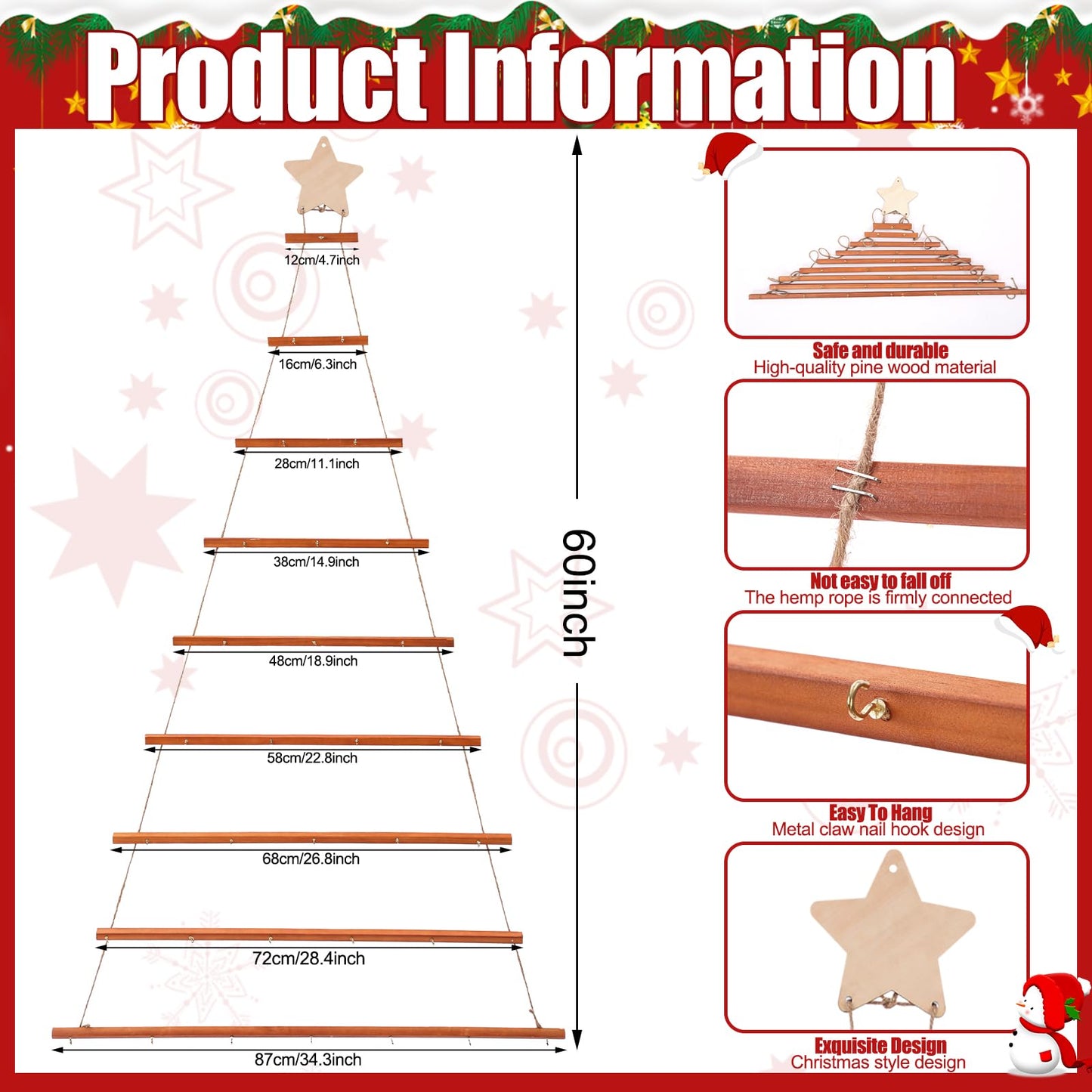 60 Inch Wall Hanging Mounted Christmas Trees Wood Ladder Tree Wall Hanging Christmas Decor with 19.6ft Christmas Metallic Tinsel Twist with LED Lights Metal Hooks for Rustic Holiday Party Supply
