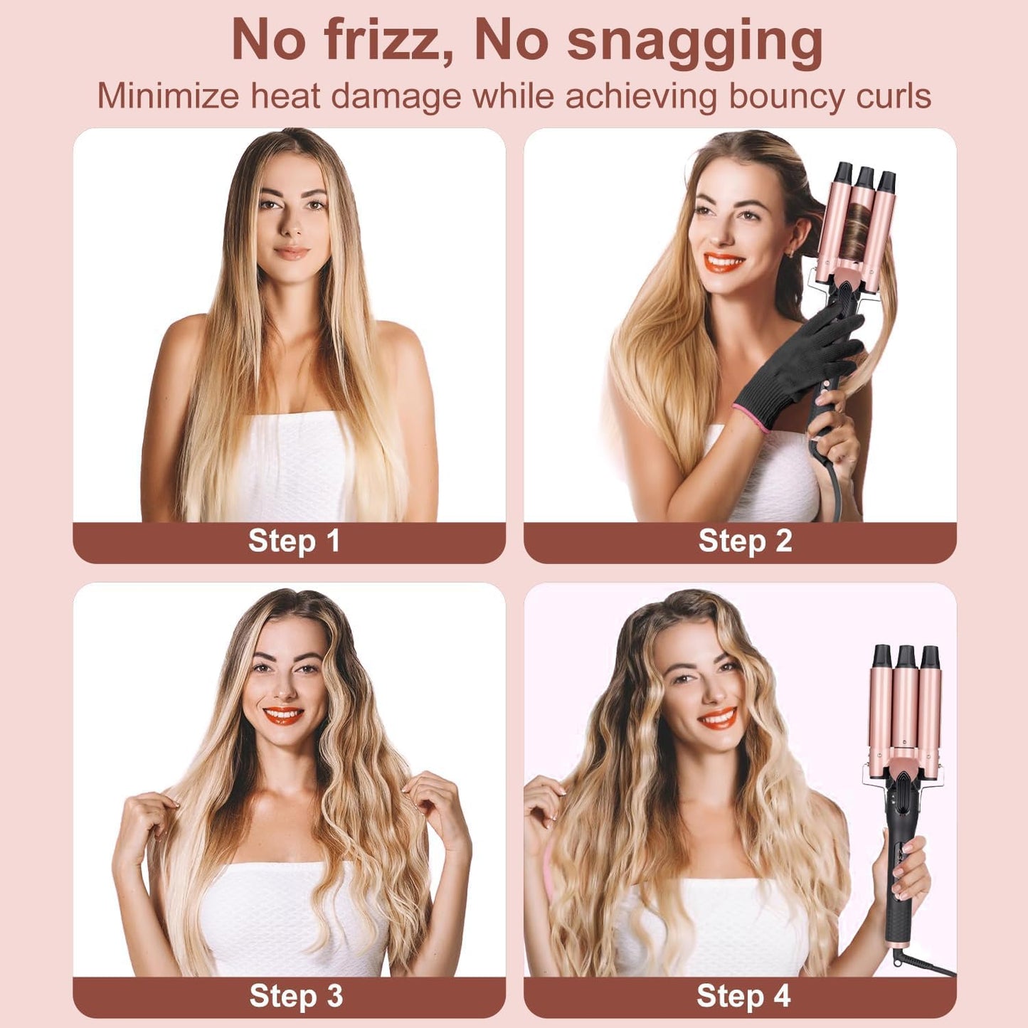 5 in 1 Curling Wand Set, Three Barrel Curling Iron Set with 3 Barrel Curling Iron and 4 Interchangeable Ceramic Curling Wand(0.5”-1.25”), Fast Heating, Include Glove & 2 Clips