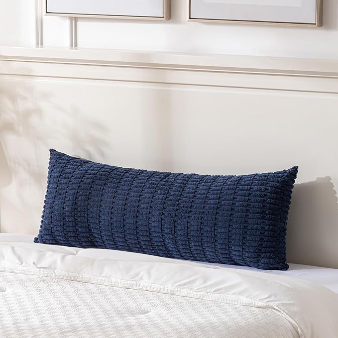 Fancy Homi Navy Blue Long Body Lumbar Decorative Throw Pillow Covers 14x36 Inch for Bed Couch Bedroom Bench, Soft Corduroy Rectangle Solid Pillow Case, Rustic Farmhouse Boho Room Decor