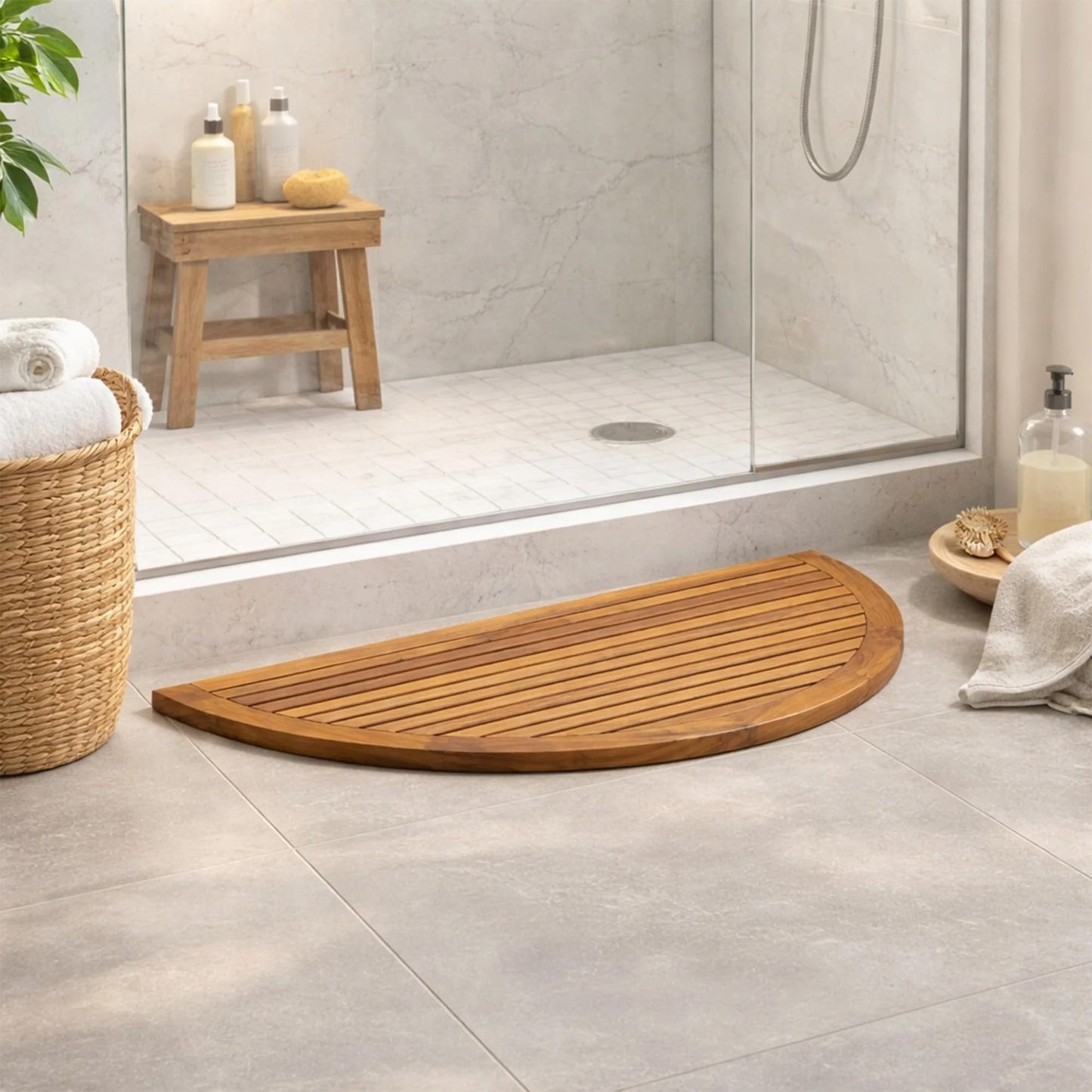Nordic Style Teak Rounded Shower, Bath and Spa Mat | Indoor + Outdoor Use | Non-Slip Wood Platform | Spa, Sauna, Pool, Hot Tub | Luxury Decor (Oiled Finish, 39" x 20", Half Moon)