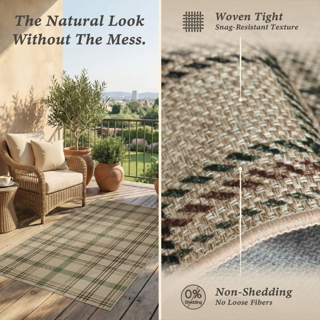 4x6 Easy Jute Large Entryway Rug - Washable Plaid Rug for Small Living Room, Non Slip Farmhouse Decor for Bedroom Bedside, Kitchen, Patio, Porch, Large Foyer Beige & Sage Striped
