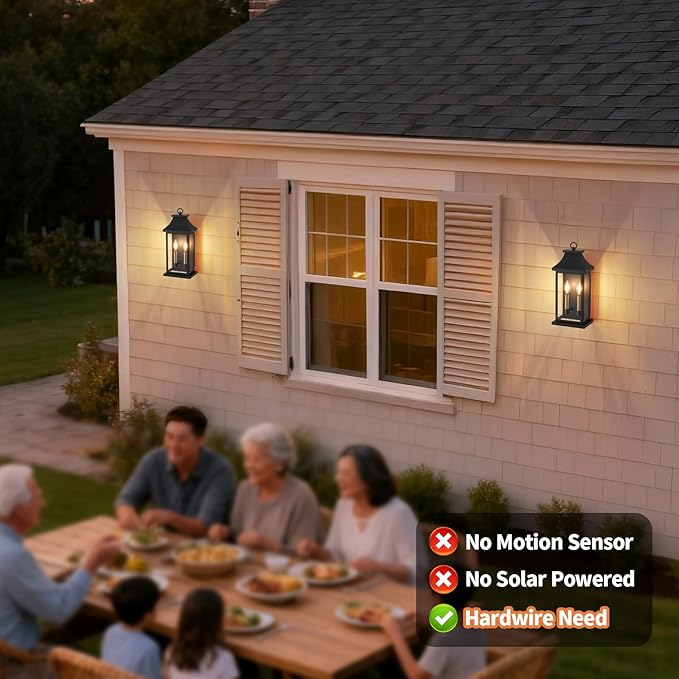 tewei 2-Light Black Outdoor Light Fixture, Porch Light Outdoor Wall Sconce Lantern, 18'' Exterior Lighting Fixture Wall Mount E12 Gold Base, Outside Light for House Backyard Garage, 1-Pack
