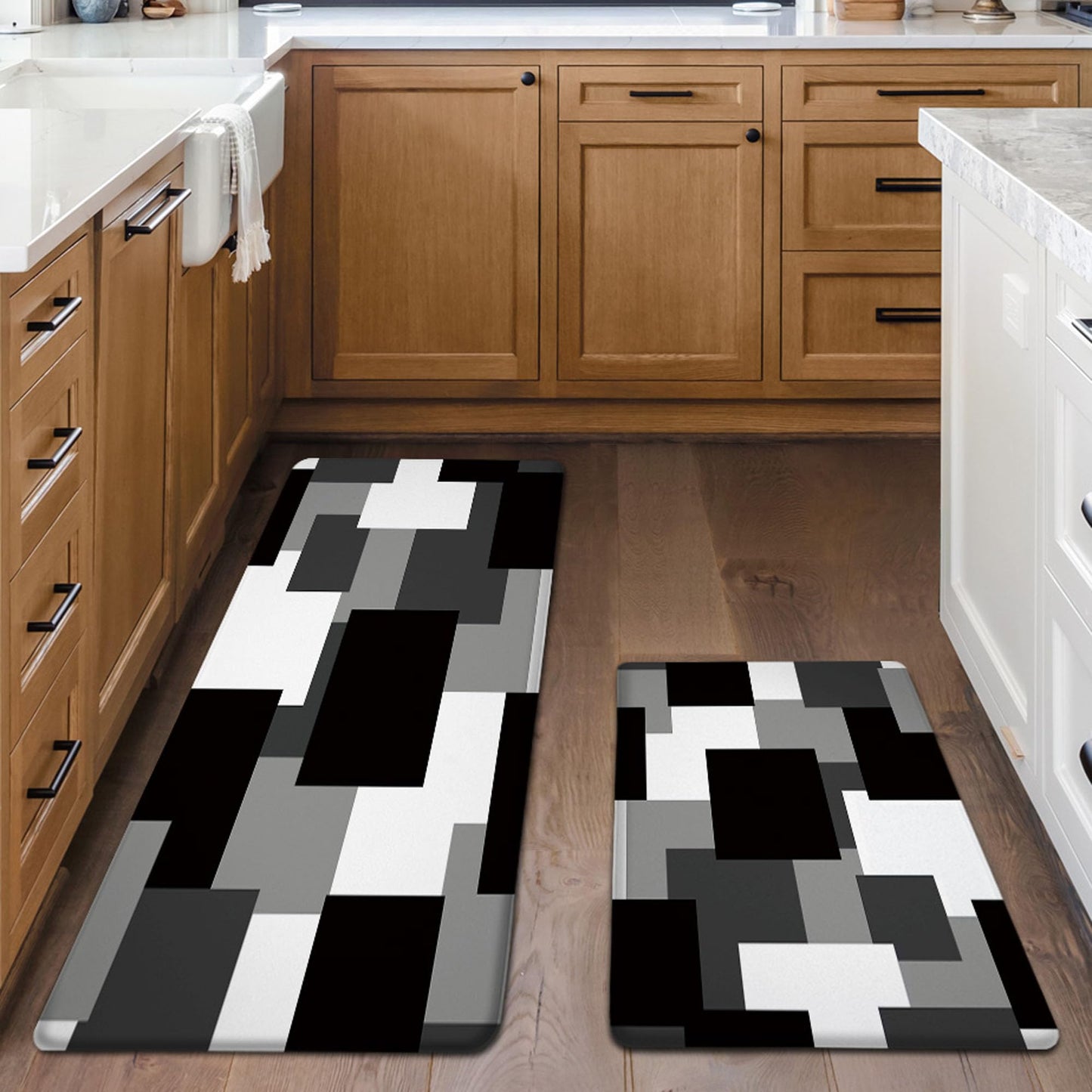 Tyrot Black Grey Kitchen Rugs Set of 2 Cushioned Anti Fatigue Kitchen Mats for Floor Non-Slip Waterproof Kitchen Floor Mats Geometric Ergonomic Cushioned Comfort Standing Mat for Laundry, Office, Sink