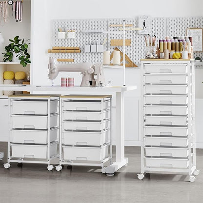 SYKIARIOL Rolling Cart with Drawers,10 Drawer Rolling Cart,Storage Cart with Wheels,Utility Cart with Drawers,Teacher Cart for Classroom Storage,Craft Cart with Wheels and Wooden Tabletop,White