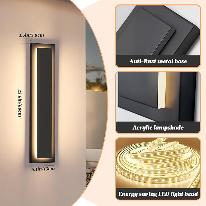 24 in Modern Long Outdoor Wall Lights Exterior Lights for House,LED Outdoor Wall Sconce Set of Two,Large Front Porch Light,Waterproof Patio Wall Light Fixture,24 W Exterior Garage Lighting