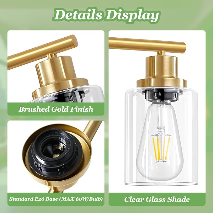 3-Light Brushed Gold Vanity Lights, E26 Modern Bathroom Light Fixtures with Clear Glass Shade, Wall Lamps for Mirror Kitchen Hallway Cabinet Living Room Sconces Lights