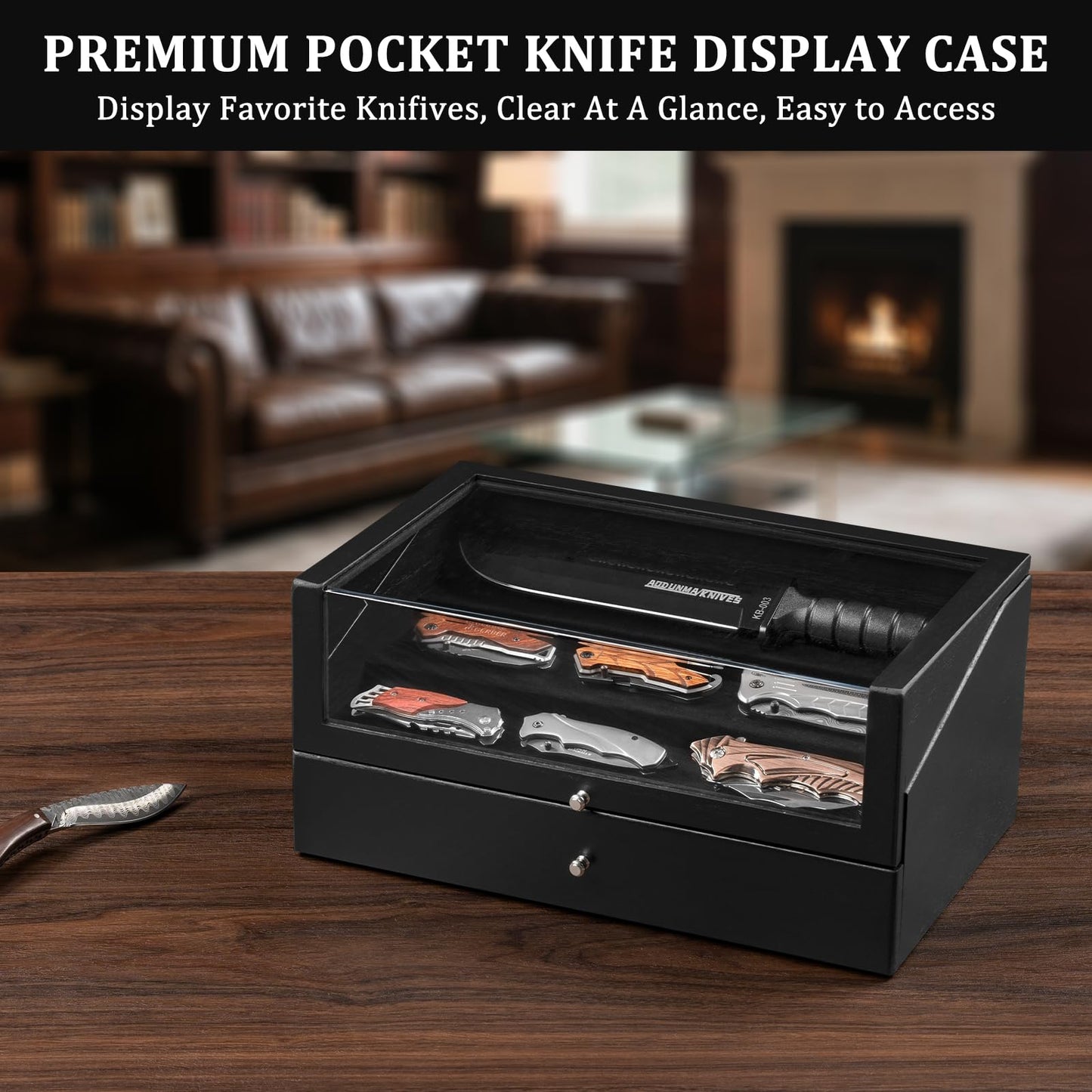Emfogo Pocket Knife Display Case, Large Knife Collection Box for Folding Knives & EDC Gear, Solid Wood Knife Organizer with Transparent Lid & Drawer, Collector-Grade Gift for Men (Black)