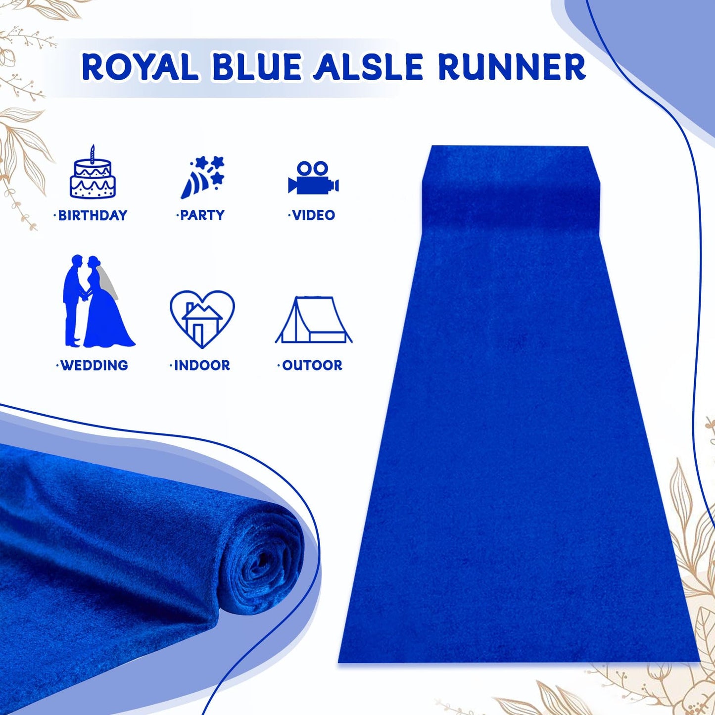 Wedding Aisle Runner Royal Blue: 2.5ftx15ft Velvet Rug Runner for Party Aisle Floor Runner for Wedding Ceremony Beach Prom Event Carpet
