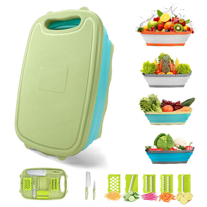 Gintan Camping Cutting Board, 9-in-1 Collapsible Chopping Board with Colander, Kitchen Vegetable Washing Basket for Camping, Camping Gifts Camping Accessories for RV Campers (Blue+Grey)