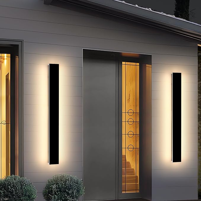 Mikeru 3CCT Dimmable Outdoor Wall Sconce 31.4" IP65 Waterproof -2Pack Modern Black Exterior Light with Remote Control, Adjustable 3000K/4500K/6000K for Porch, Patio & Commercial Spaces | Hardwired