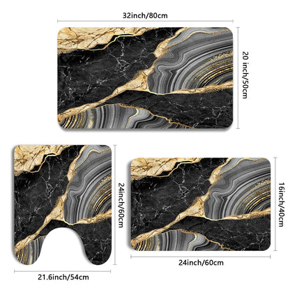 MUGINYU Black and Gold Rug for Bathroom Decor,Black and Gold Bathroom Rugs Sets 3 Piece,Marble Decor Thin Rubber Diatomaceous Earth Quick Dry Rugs with U-Shaped Contour Toilet Mat
