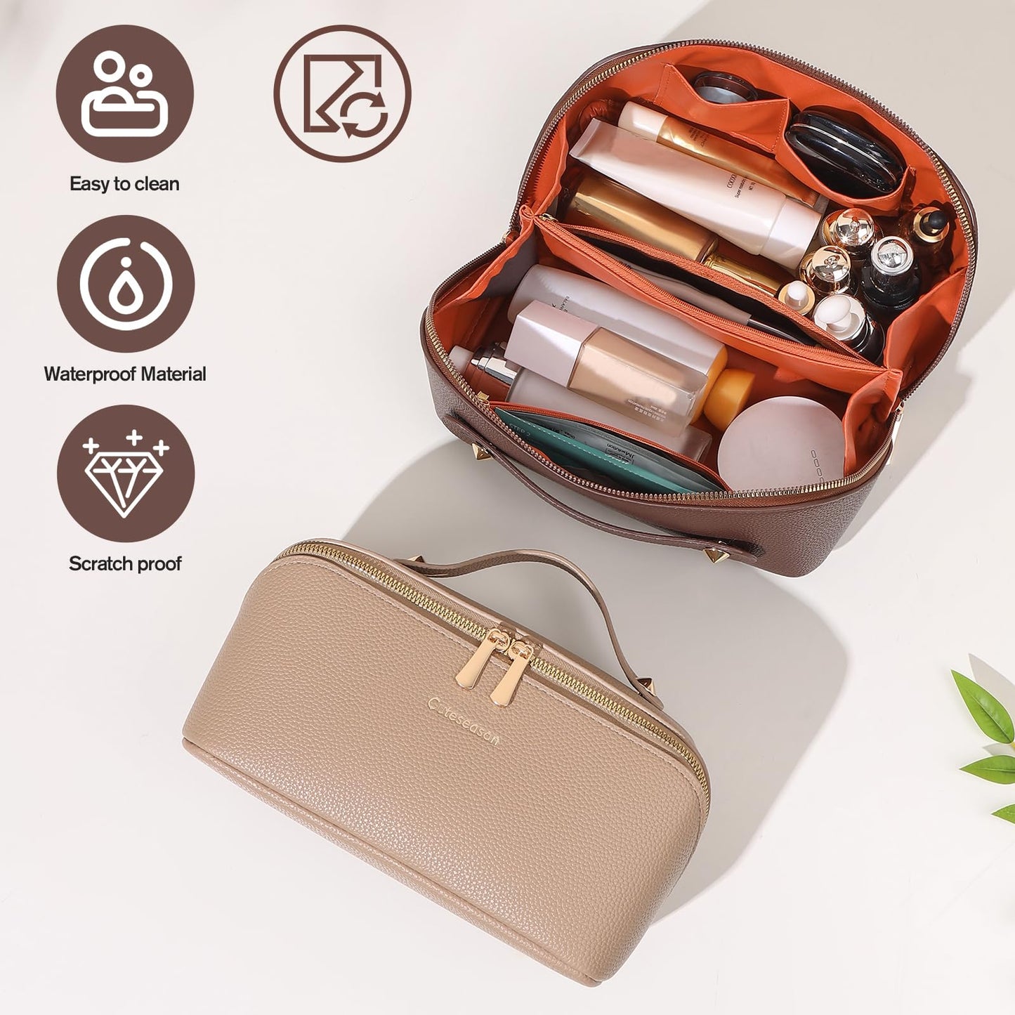 Cuteseason PU Leather Makeup Bag for Women, Structured Makeup Case with Wide Opening, Travel Cosmetic Bag with Compartments and Handle, Water-Resistant Makeup Organizer(Khaki, Lychee Grain)