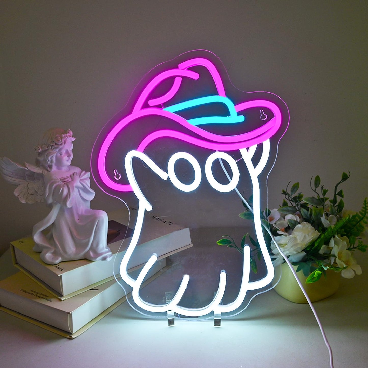 ineonlife Halloween Window Lights Cowboy Hat Ghost Neon Halloween Sign Led Sign Neon Signs For Wall Decor Light Up Signs for Children's Bedroom Party Classroom Decorations Halloween Gifts For Kids