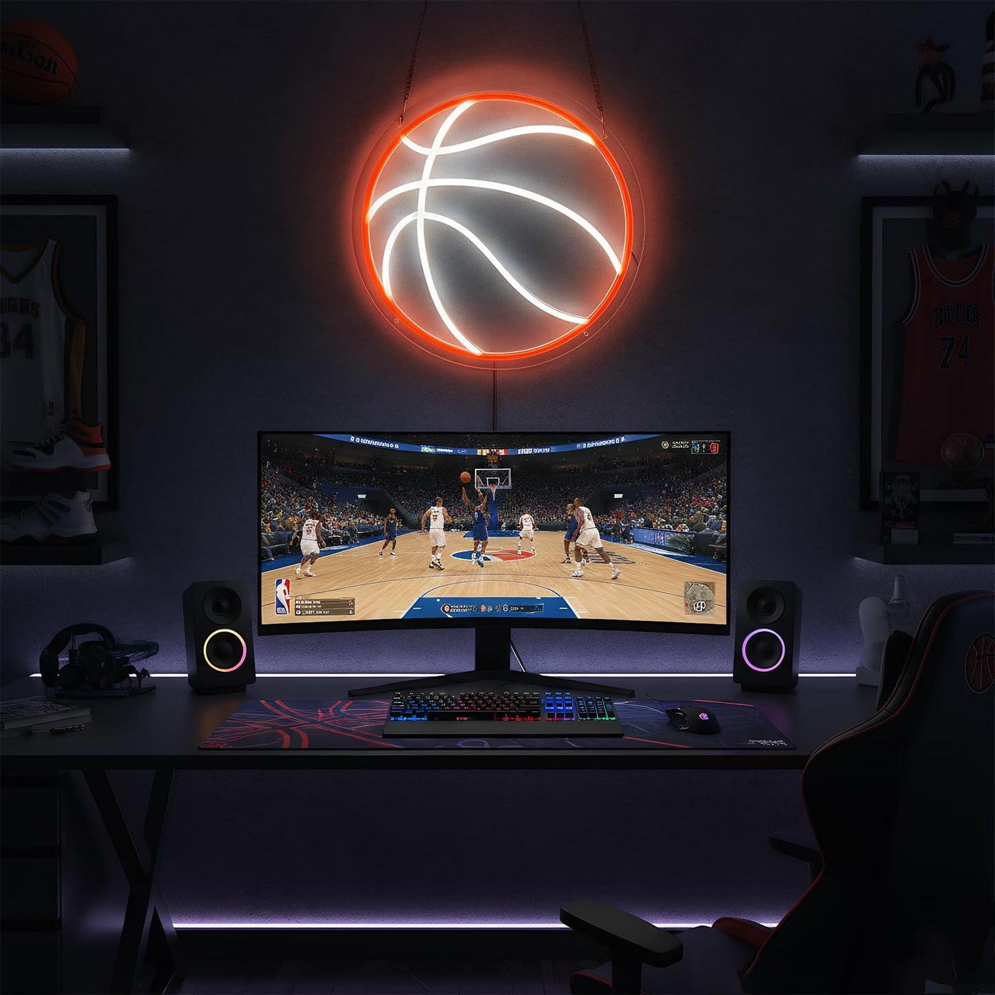 Basketball Neon Sign for Wall Decor, Dimmable LED Light for Bedroom Sports Room Decor, Basketball Gifts for Boys 8-12, 12.6 x 12.6 Inches