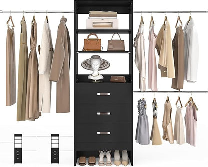 Besiost 96'' Closet Organizer System with 3 Hanging Rods, 8FT Closet Organizers and Storage with 3 Wooden Drawers, Built in Closet Organizer Systems, Adjustable Walk-in Wardrobe from 5-8FT, Black