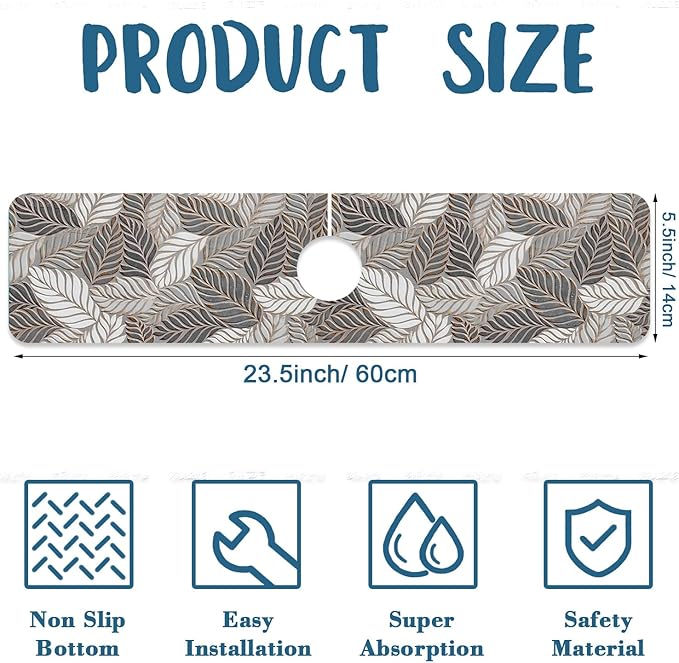Embossed Leaf Texture Sink Faucet Absorbing Mat Grey Leaf Super Absorbent Fast