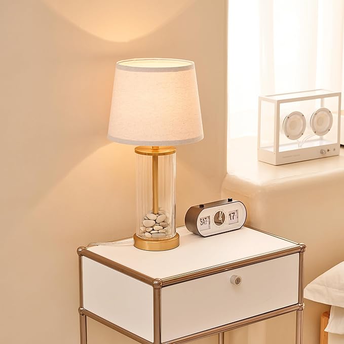 GLOBE Electric 61000063 20" Fillable Ribbed Glass Table Lamp, Matte Brass Accents, Beige Linen Shade, On/Off Rotary Switch on Socket, for Living Room, Bedroom, Office, Home Décor