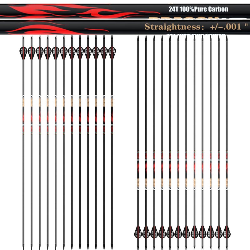 sanlida Dragon 8 100% Pure Carbon Hunting Arrows, 32" Ready-to-Shoot Arrows with Inserts, ±0.006" Straightness, 10-Spine Options, for Compound & Recurve Bows, 12 Pack (410 Spine)