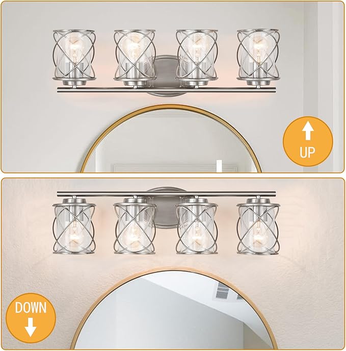 mavcadonf Bathroom Vanity Light Fixtures Over Mirror, 4 Lights Modern Bathroom Wall Lamp for Mirror Kitchen Living Room Hallway Cabinet Porch, Farmhouse Wall Lights with Cage Shade, Brushed Nickel