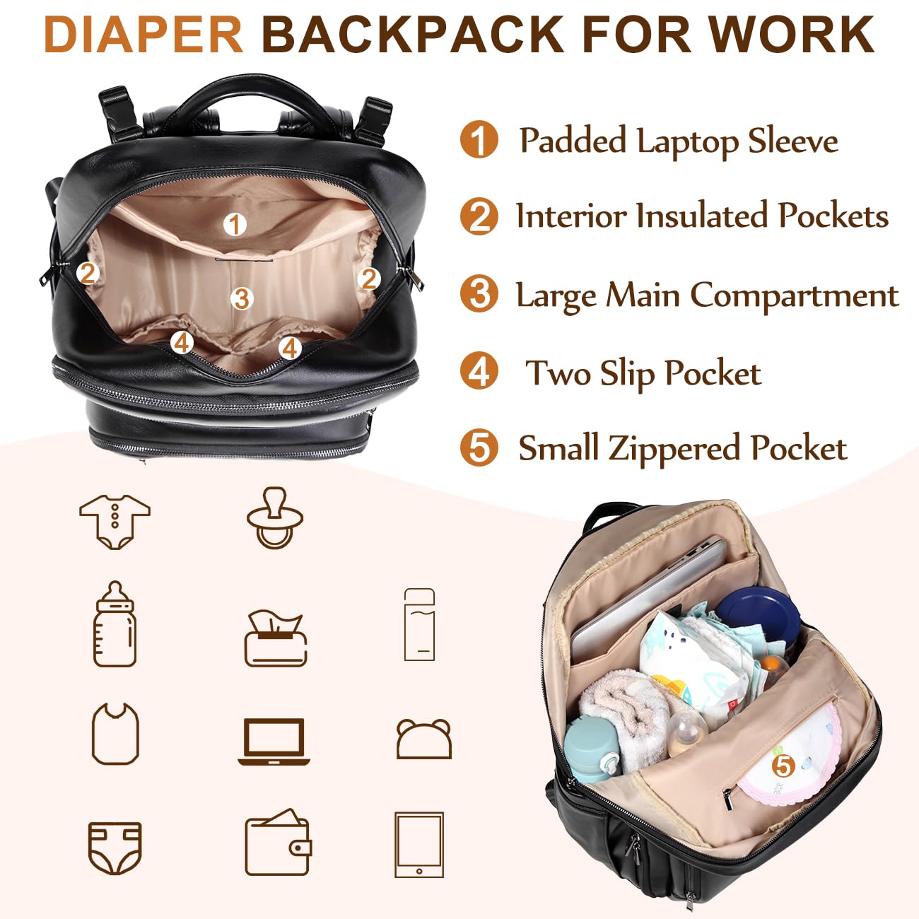 VASCHY Diaper Bag Backpack for Mum Dad, Unisex Large Waterproof Vegan Leather Baby Bag with Changing Pad,Insulated Pockets,Padded Laptop Sleeve for Travel,Black