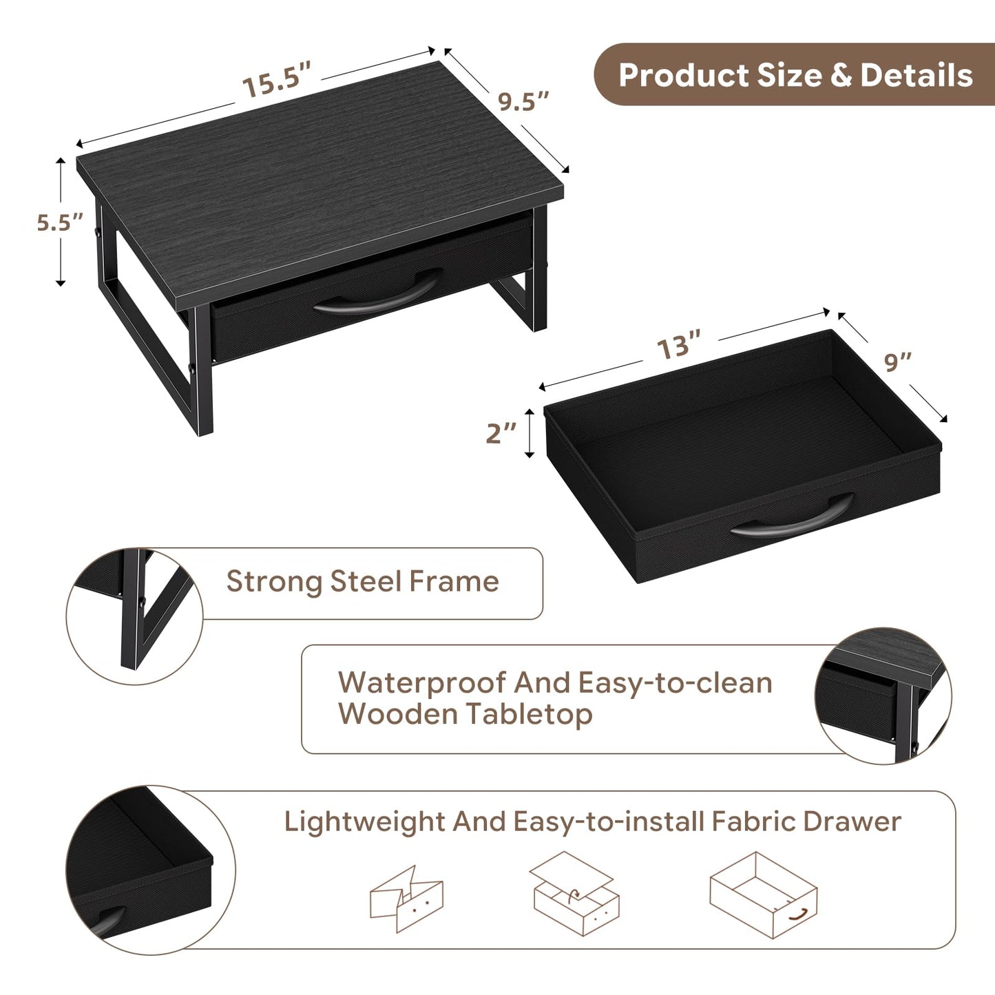 Ekisemio Computer Monitor Stand Riser, Desk Organizers and Accessories with Farbic Drawer, 2-Tier Wood and Metal Laptop Stand for Desk, Office Organizer Storage, Black