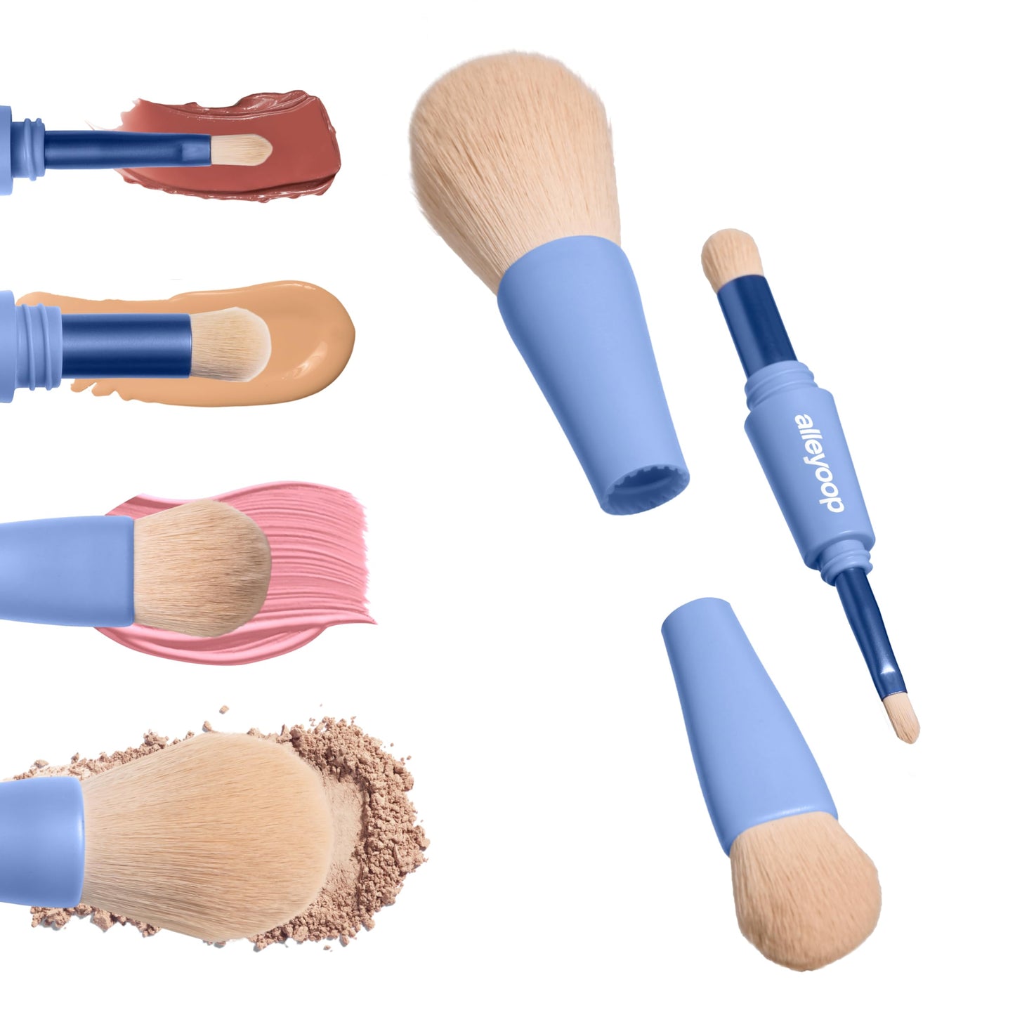 Alleyoop Multi-Tasker 4-in-1 Travel Makeup Brush Set – Compact Makeup Brushes with Blending Sponge, Eyeshadow, Eyebrow & Liner, Blush & Bronzer Brush – Mini Makeup Tools Kit for Women, Vegan