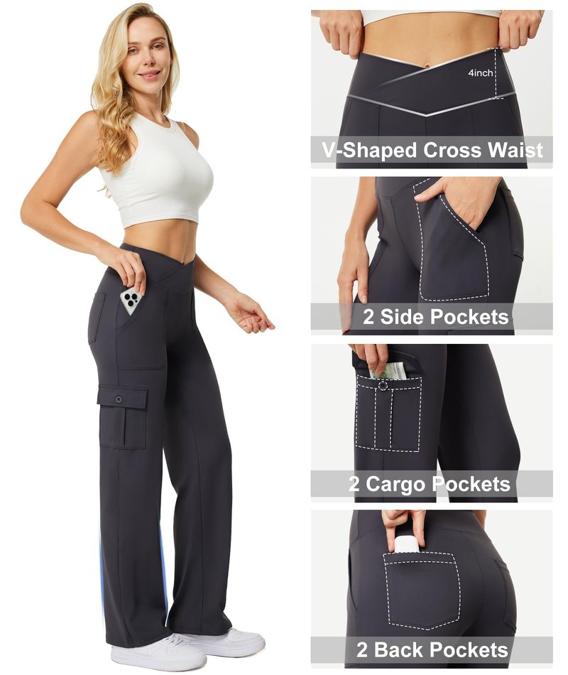 Casei Women's Wide Leg Yoga Pants with 6 Pockets Stretchy Cargo Work Dress Pants High Waisted Travel Scrub Trousers,Dark Gray(L)