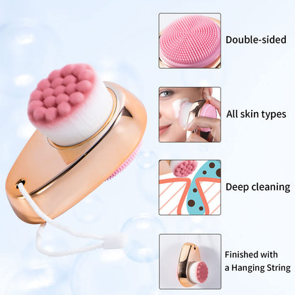 2 Pack Facial Cleansing Brush 2 in 1 for Face Exfoliation, Soft Bamboo Charcoal Microfiber Bristle Dual Face Silicone Scrubber Brush for Pore Deep Cleansing Skincare with Lid, Black+Gradient