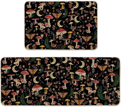 Artoid Mode Black Mushrooms Butterfly Spring Kitchen Mats Set of 2, Home Decor Low-Profile Kitchen Rugs for Floor - 24x35 and 24x59 Inch