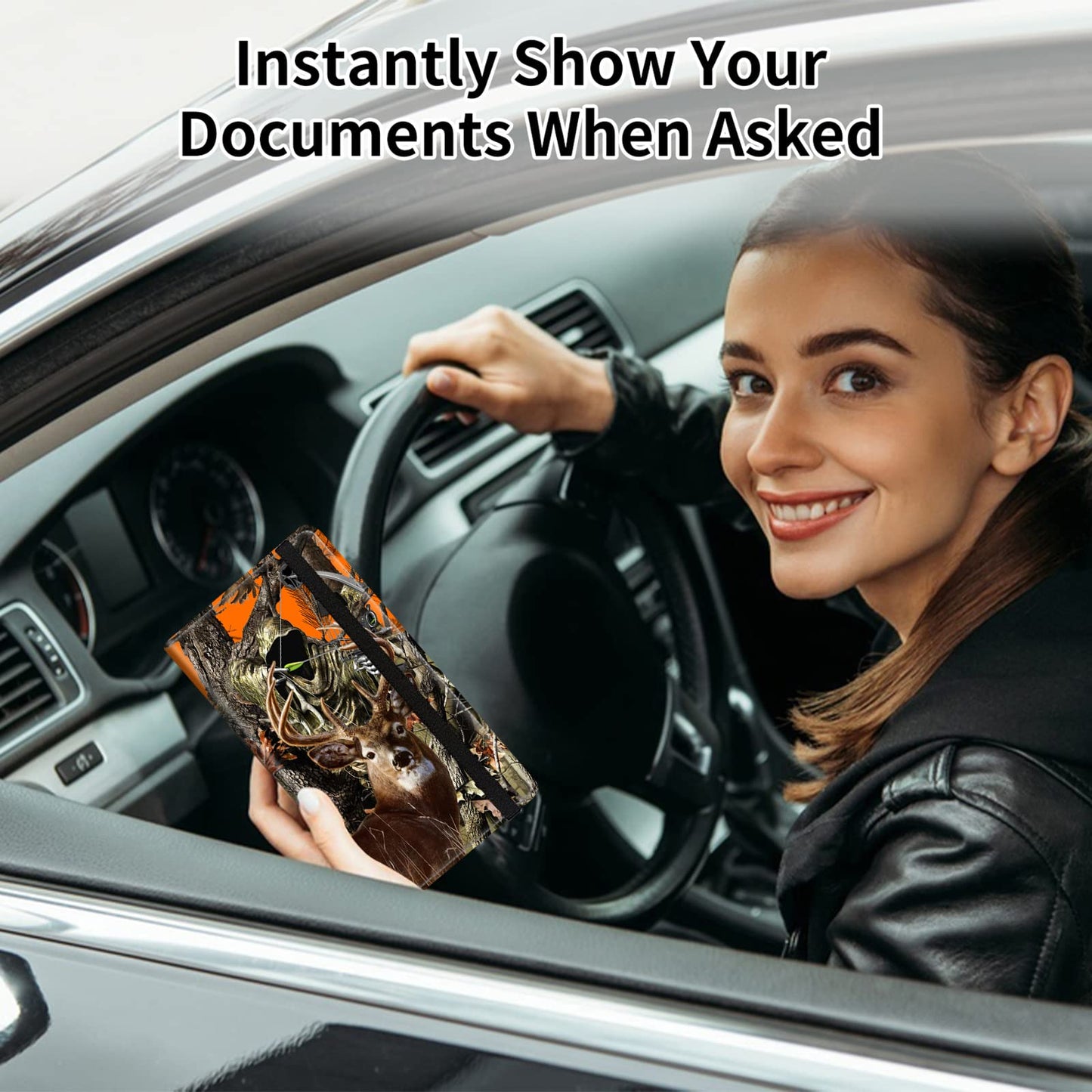 Car Registration and Insurance Card Holder, Premium Leather Vehicle Wallet Cover for Glove Box Car Organizer Drivers License / Cards / ID - Essentials Document Holder, Camo Camouflage Deer Hunter