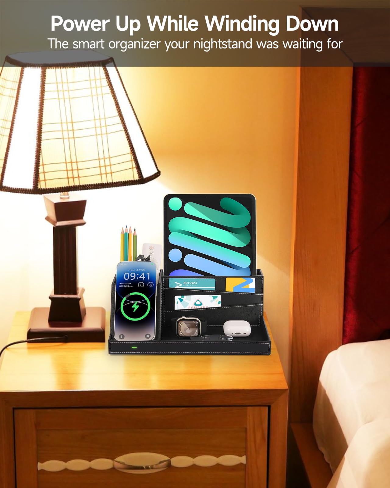 Fast Wireless Charging Station with Desk Organizer for iPhone 17/16/15/15 Pro/14/14 Pro Max/14 Pro/14 Plus/13/13 Pro Max/13 Pro/and iPhone 12/11 Series, Nightstand Desktop Organizer for Home Office
