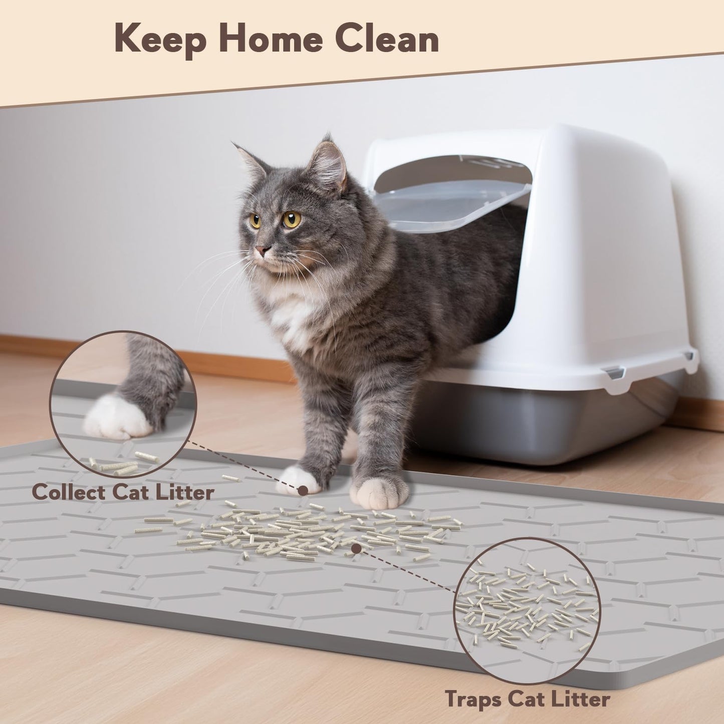 Garoopion Cat Mat for Litter Box, Large 34.05×22.5 inch Cat Litter Mat, Waterproof Silicone Pad for Floor, Gray
