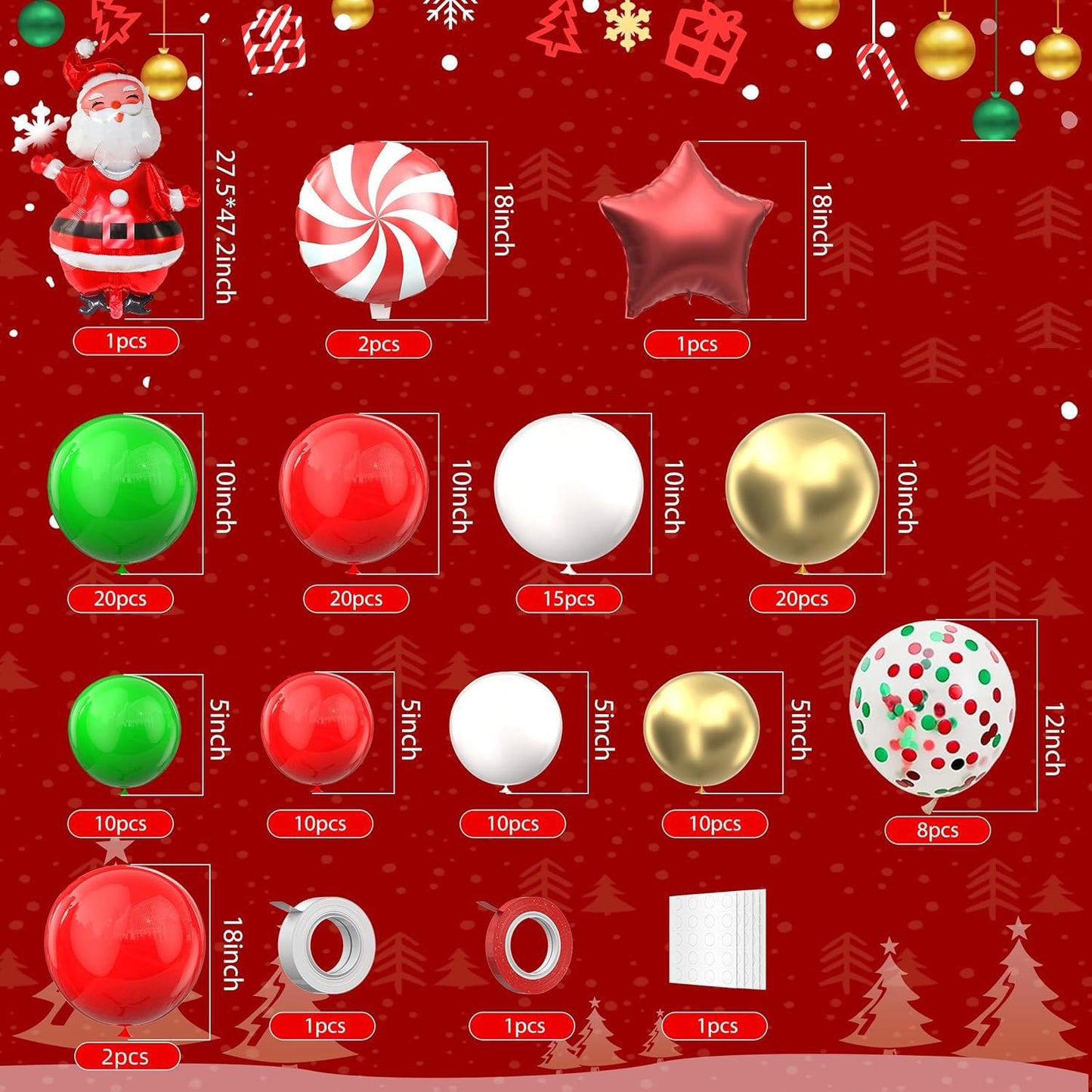 134 Pcs Christmas Balloon Garland kit, Green Red White Gold Balloons Garland Arch Kit, Xmas Candy Cane Foil Balloons Santa Claus Red Star Balloons for New Year Christmas Party Decorations Supply