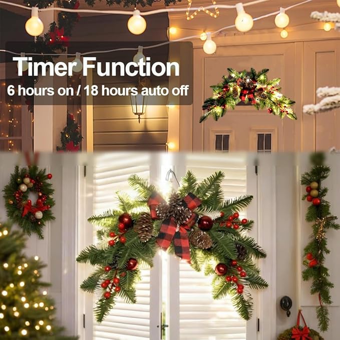 27.6" Christmas Swag with Lights Artificial Decorative Swag with Cute Bow Red Xmas Balls PineCones Red Berries Cedar Pine Swag Wreath Decoration for Front Door Table Window Stair Mantle Holiday Decor