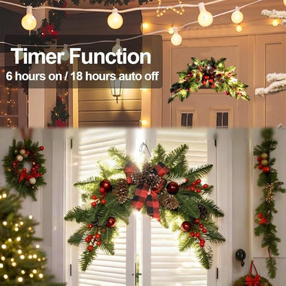 27.6" Christmas Swag with Lights Artificial Decorative Swag with Cute Bow Red Xmas Balls PineCones Red Berries Cedar Pine Swag Wreath Decoration for Front Door Table Window Stair Mantle Holiday Decor
