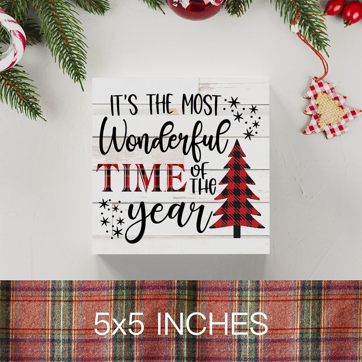 It's The Most Wonderful Time of The Year Wood Box Sign, Retro Farmhouse Christmas Santa Artwork Decor 5 x 5 Inches