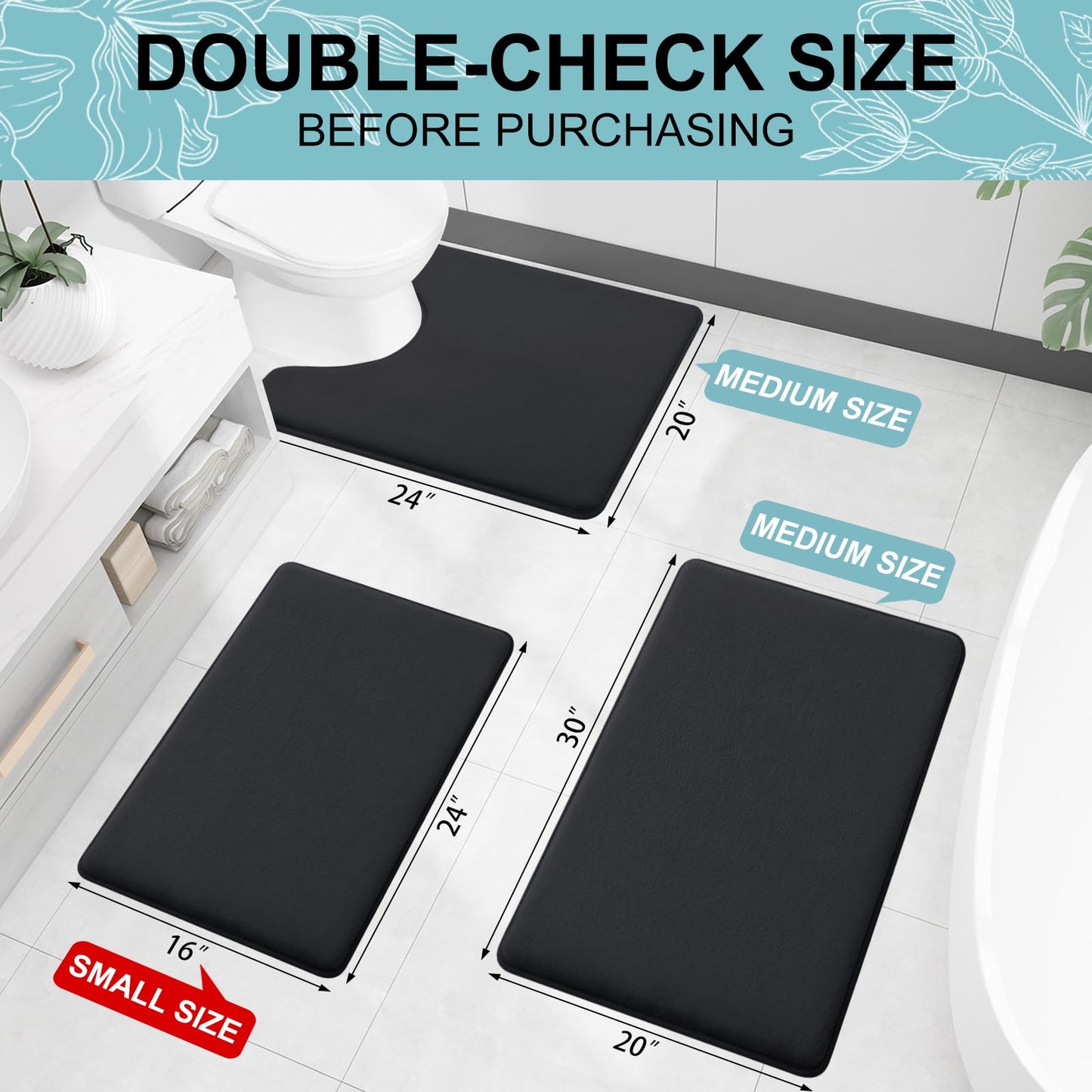 Smiry Memory Foam Toilet Rugs U-Shaped 24x20, Extra Soft Absorbent Non-Slip Contour Bathroom Rugs, Machine Washable Bath Mats for Toilet, Black