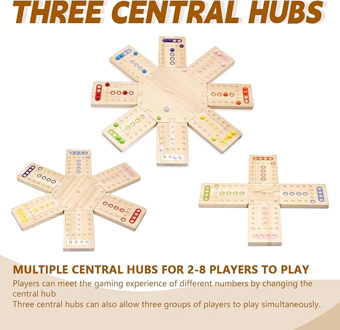 Wooden Board Game The Wooden Board Can Provide a Gaming Experience for 2 to 8 Players Featuring 3 Central Hubs 32 Marbles and 16 Dice. It is Suitable for Family and Friend Gatherings Board Games
