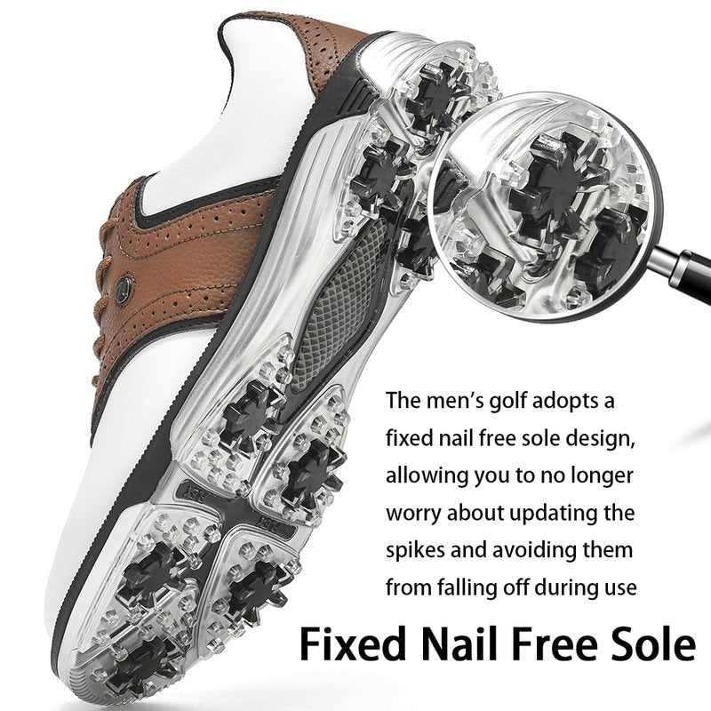 DARIBOM Mens Golf Shoes Traditions Fixed Nailless Sole Waterproof Spikeless Size 13(Brown)
